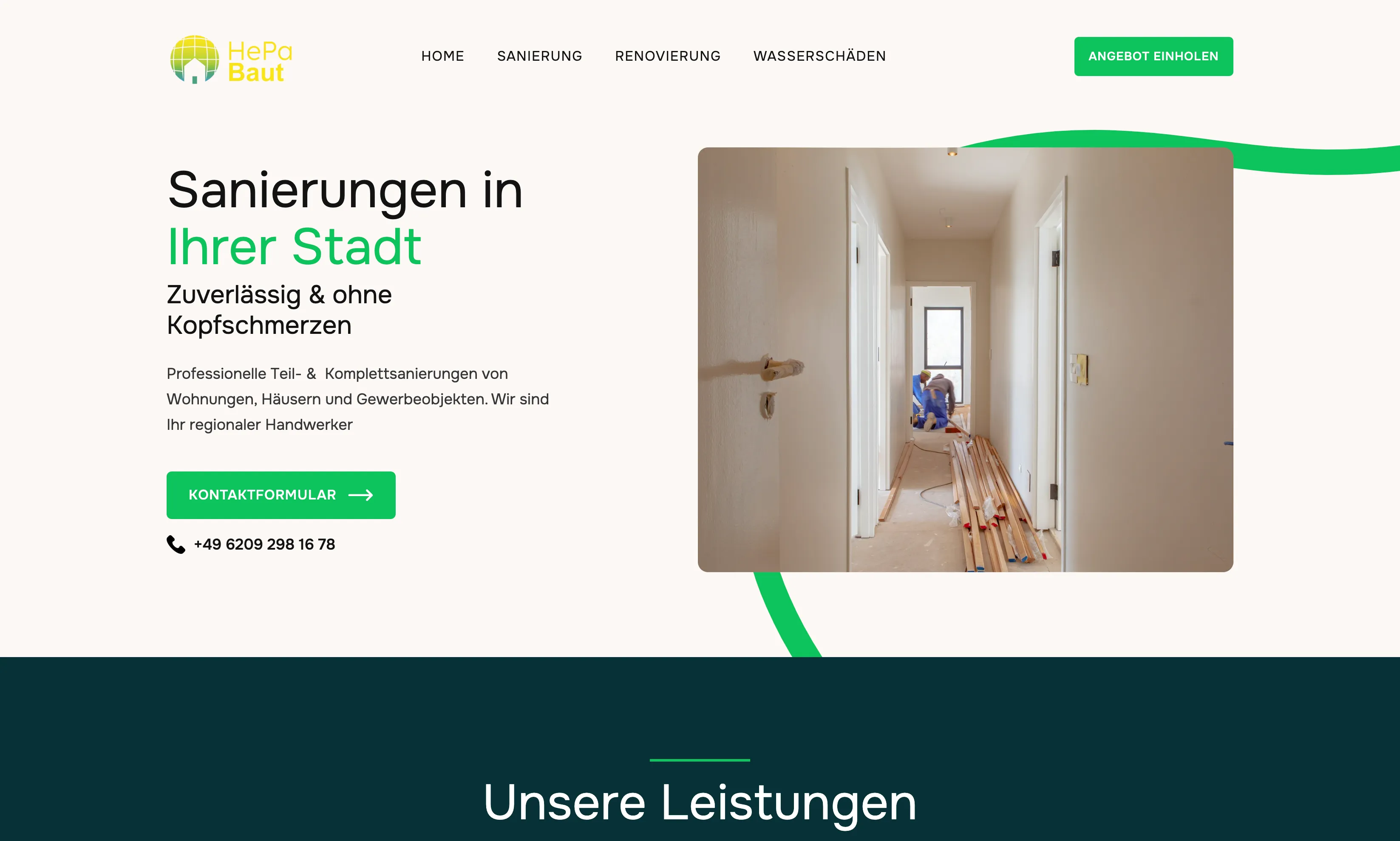 Screenshot der Sanierung-Seite von HEPA Baut