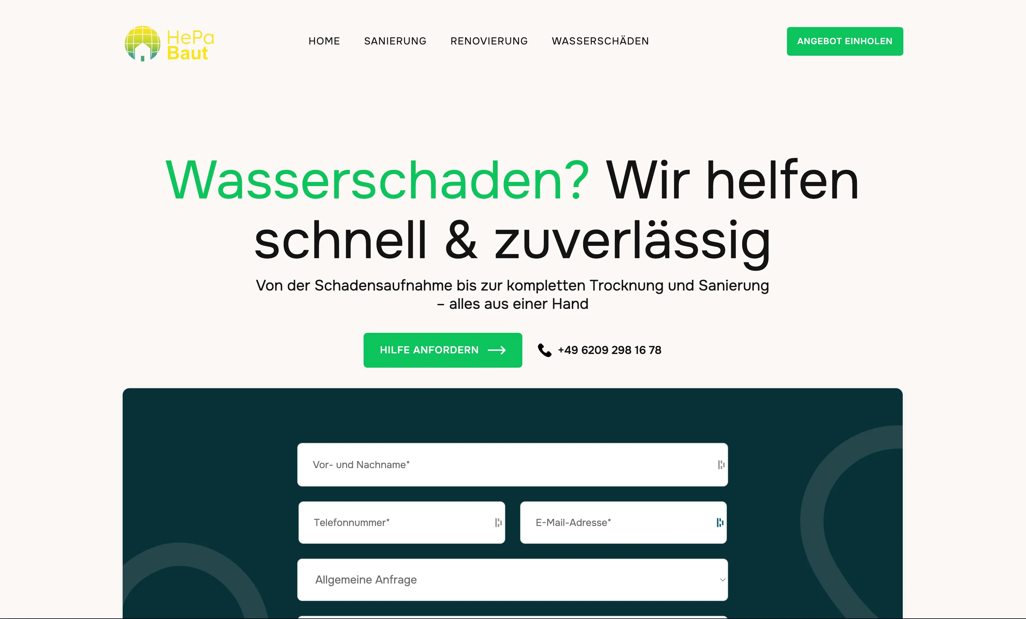 Screenshot der Wasserschäden-Seite von HEPA Baut